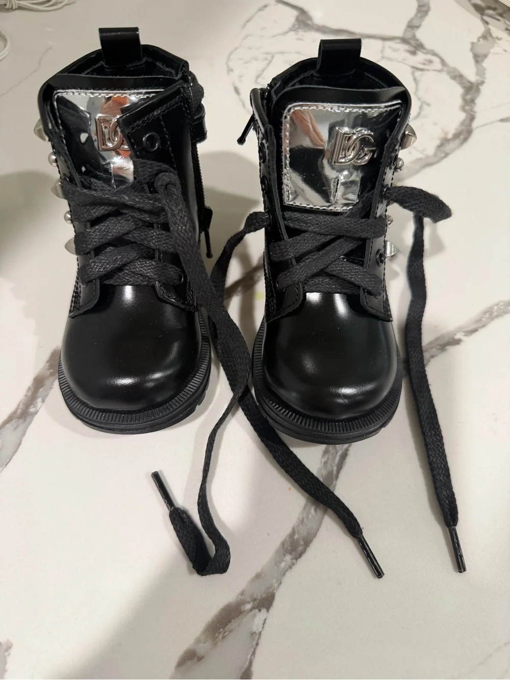 Dolce & Gabbana Black Kids Lace-Up Boots with Silver Logo Patch